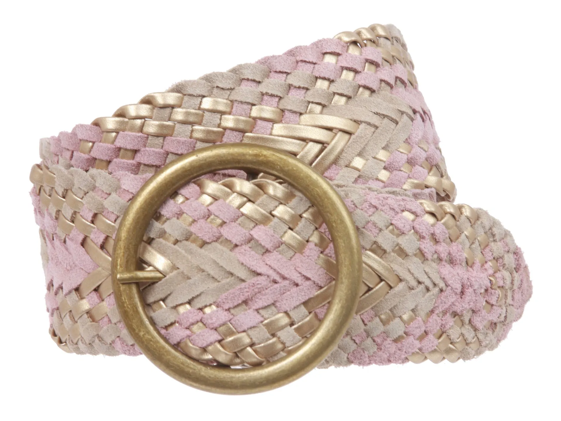 2 3/4" Wide Braided Woven Soft Suede Leather Belt with Metal Circle Ring Buckle