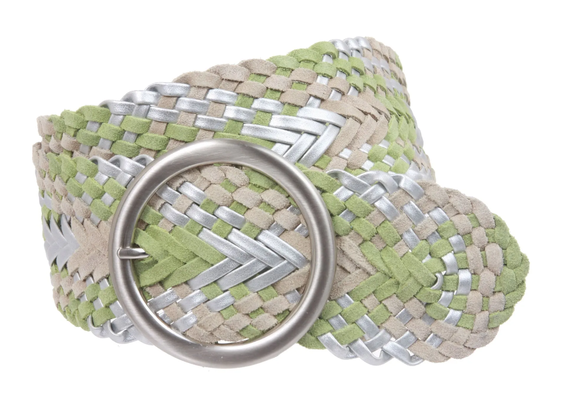 2 3/4" Wide Braided Woven Soft Suede Leather Belt with Metal Circle Ring Buckle