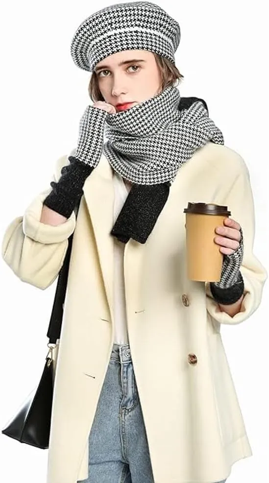 3pcs Spring Fall Winter Hat Scarf Gloves Set for Women, Plaid Beret Hat Fingerless Gloves, 70% Cotton 25% Wool 5% Cashmere