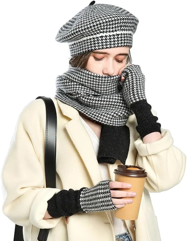 3pcs Spring Fall Winter Hat Scarf Gloves Set for Women, Plaid Beret Hat Fingerless Gloves, 70% Cotton 25% Wool 5% Cashmere