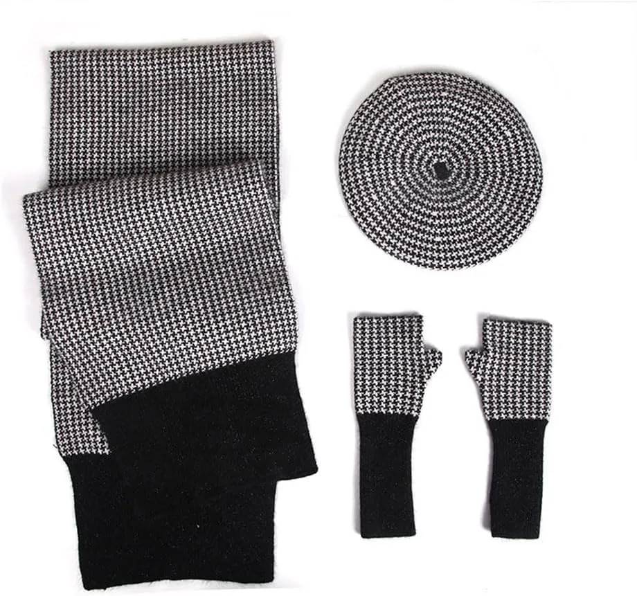 3pcs Spring Fall Winter Hat Scarf Gloves Set for Women, Plaid Beret Hat Fingerless Gloves, 70% Cotton 25% Wool 5% Cashmere