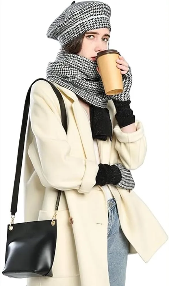 3pcs Spring Fall Winter Hat Scarf Gloves Set for Women, Plaid Beret Hat Fingerless Gloves, 70% Cotton 25% Wool 5% Cashmere