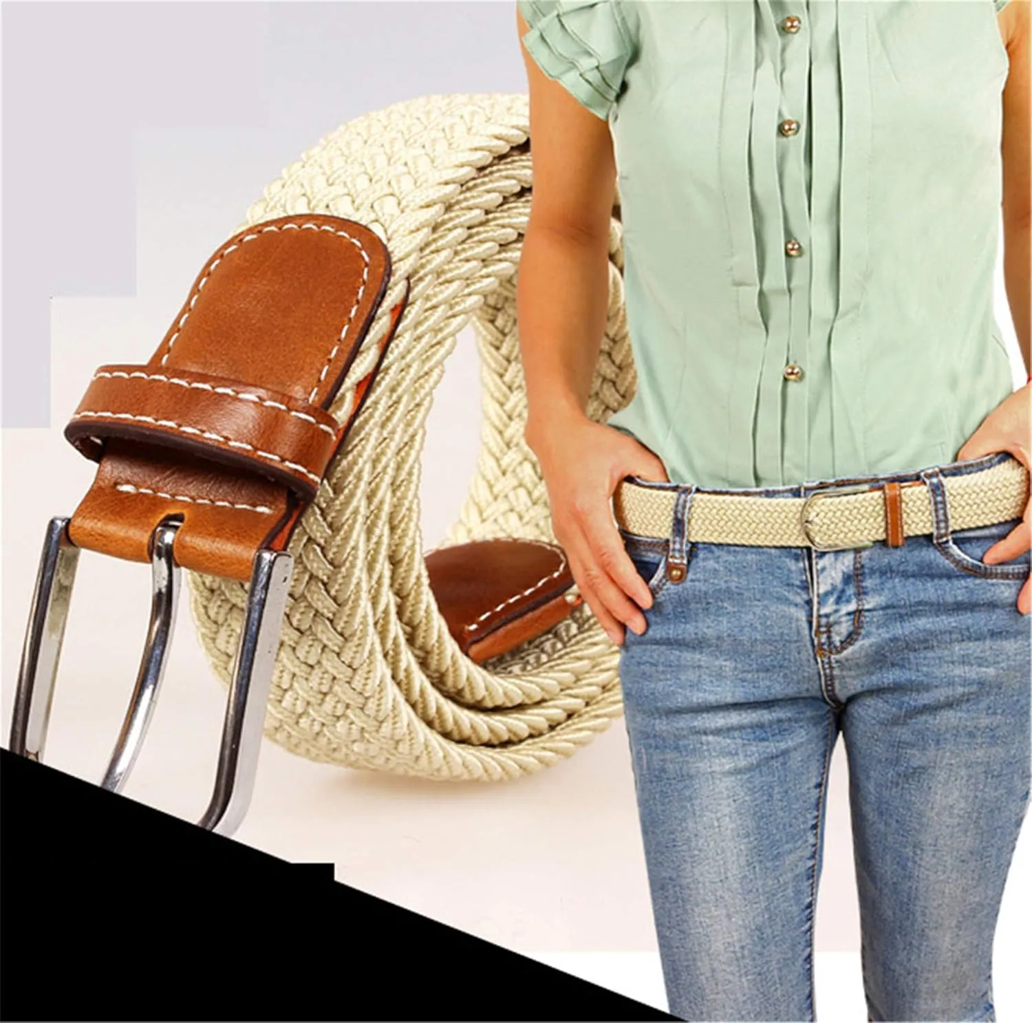 Andongnywell Elastic Stretch Woven Braided Belt for Men Women Square Business Buckle Waist Cinch Waist band