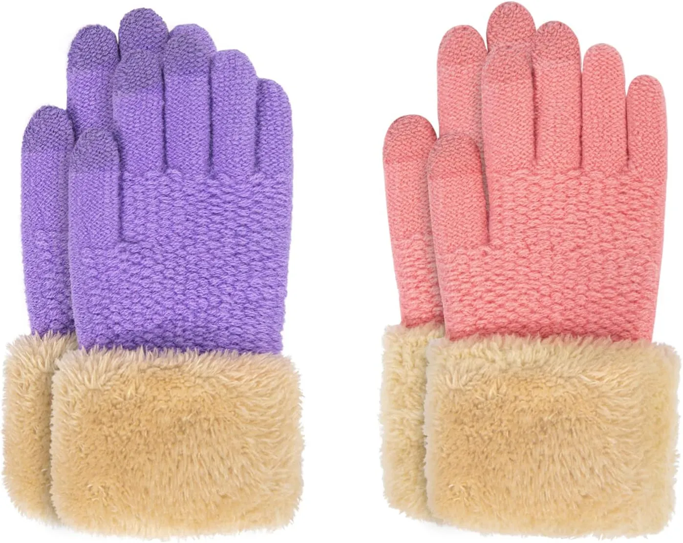 Arctic Paw Kids Winter Gloves 2 & 3 Pack - Touchscreen Knit Gloves with Faux Fur Cuff