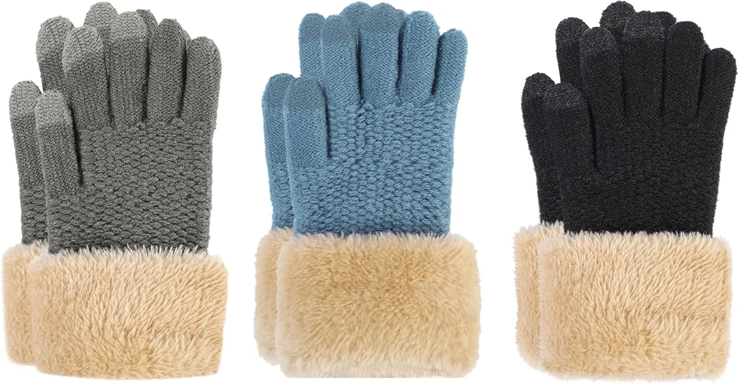 Arctic Paw Kids Winter Gloves 2 & 3 Pack - Touchscreen Knit Gloves with Faux Fur Cuff