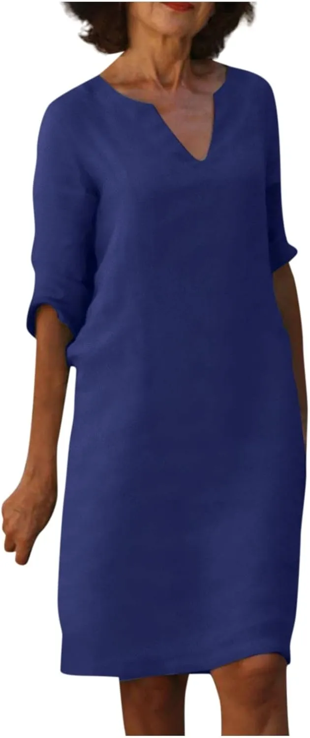 BAXLIMEK Cotton Linen Dresses for Women,2025 Spring Summer Casual V Neck 3/4 Sleeve Midi Dress,Elegant Plain Beach Dress