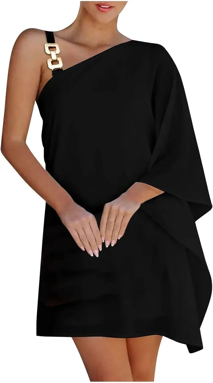 BAXLIMEK One Shoulder Dresses for Women 2025 Elegant Trendy Batwing Sleeve Club Party Dress Fashion Mini Wedding Guest Dress