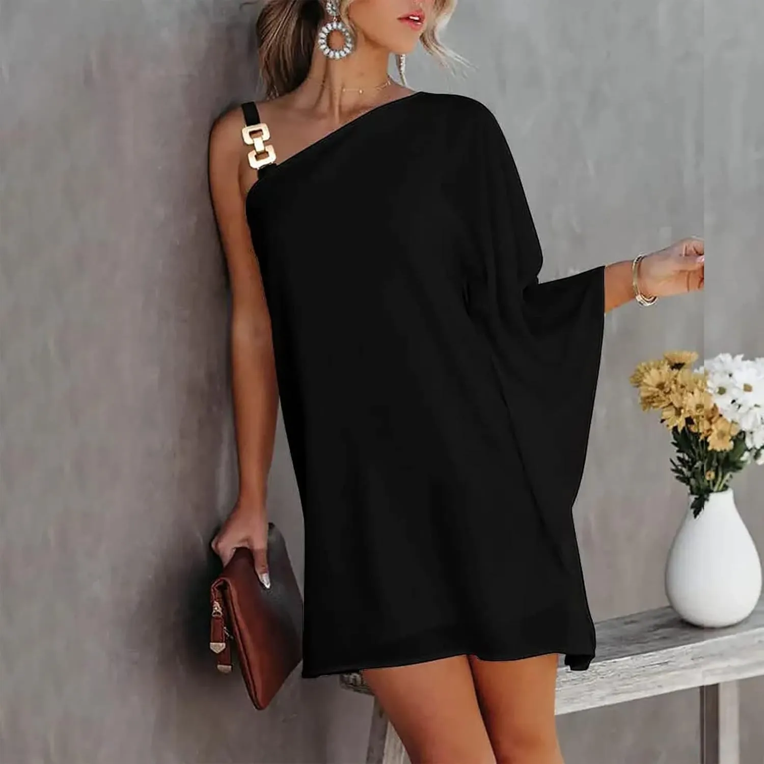 BAXLIMEK One Shoulder Dresses for Women 2025 Elegant Trendy Batwing Sleeve Club Party Dress Fashion Mini Wedding Guest Dress