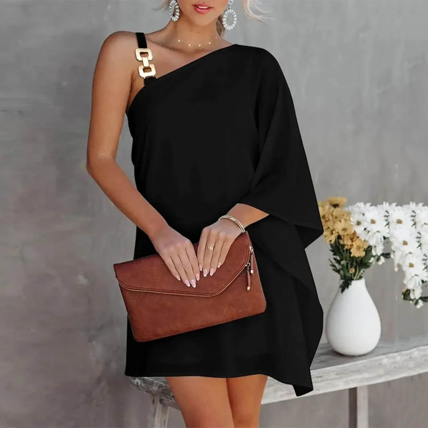 BAXLIMEK One Shoulder Dresses for Women 2025 Elegant Trendy Batwing Sleeve Club Party Dress Fashion Mini Wedding Guest Dress