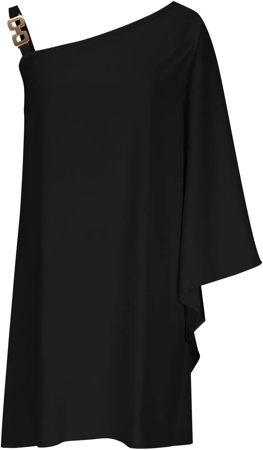 BAXLIMEK One Shoulder Dresses for Women 2025 Elegant Trendy Batwing Sleeve Club Party Dress Fashion Mini Wedding Guest Dress