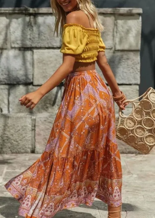 Boho ruffled maxi Skirt in yellow orange with floral print