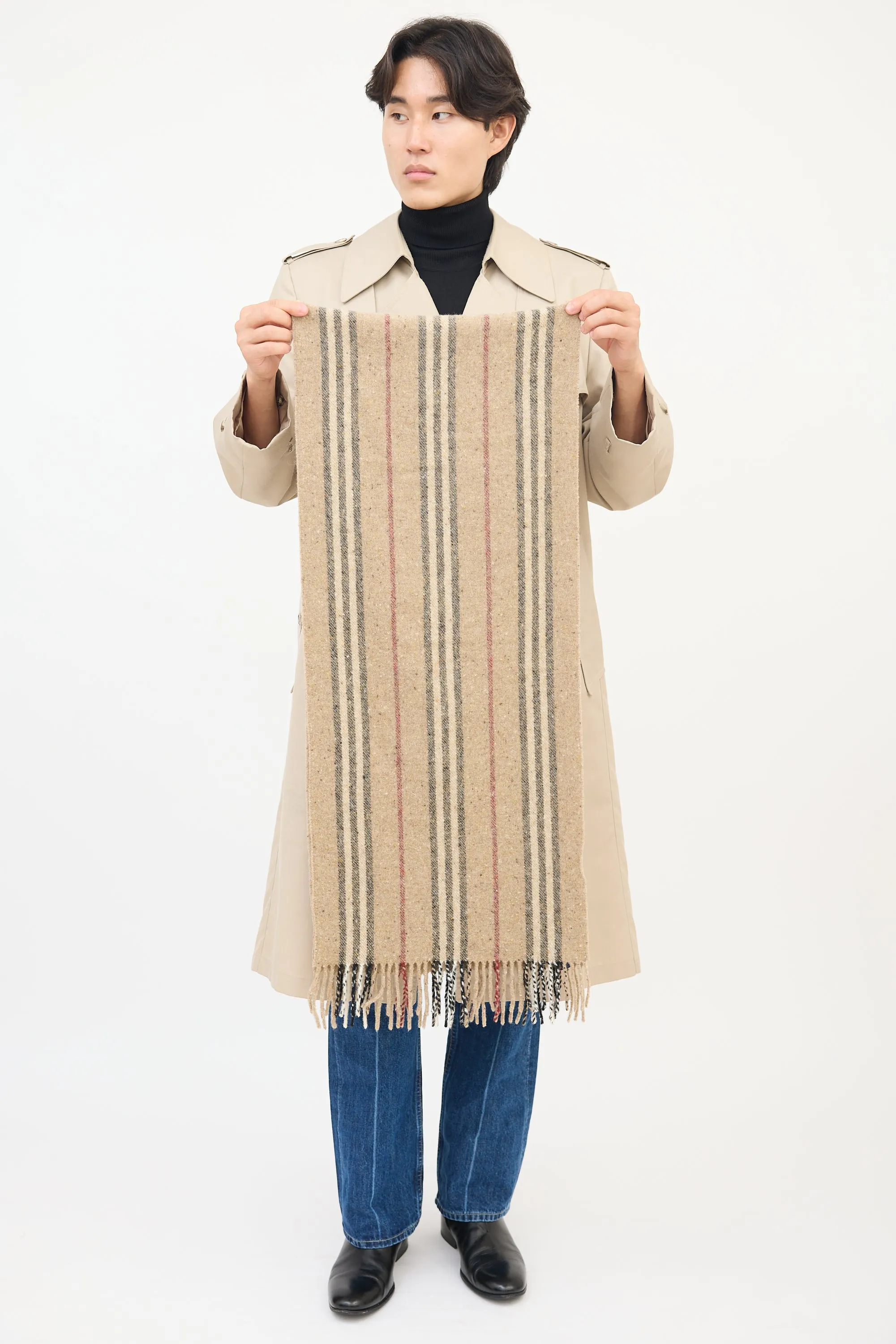 Brown & Multi Wool Nova Check Striped Fringe Scarf