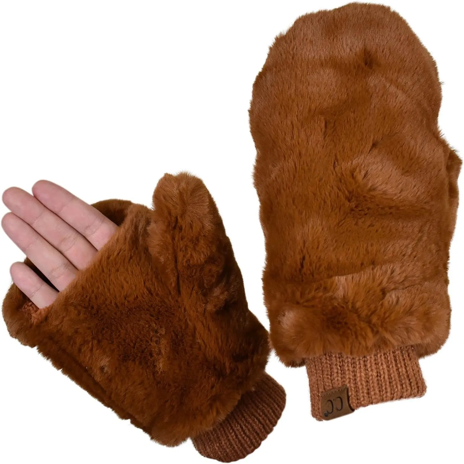 C.C Women's Faux Fur Wrist Length Fingerless Sherpa Lined Convertible Mittens Gloves