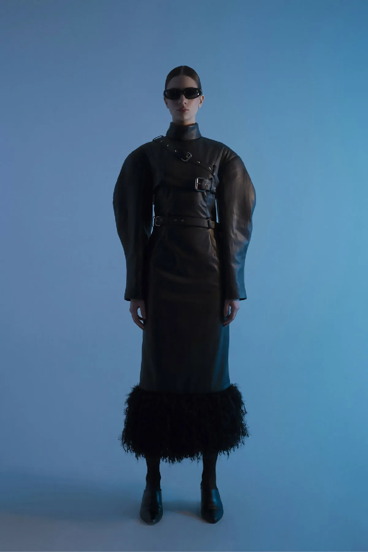 Chic High-Neck Fringed Faux Leather Dress