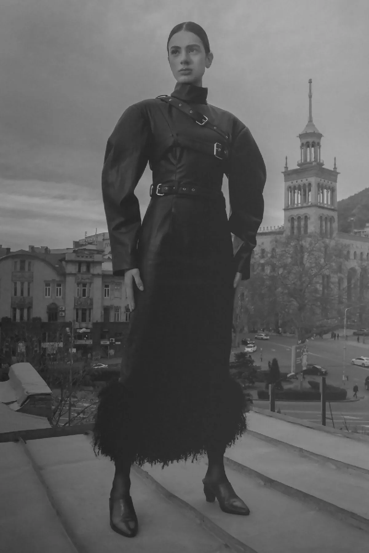 Chic High-Neck Fringed Faux Leather Dress