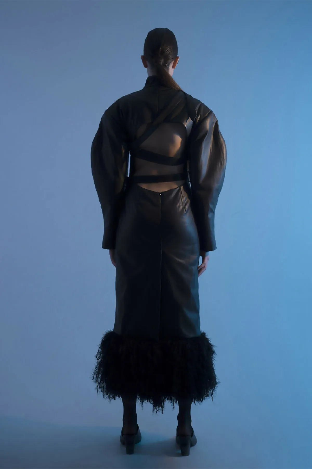Chic High-Neck Fringed Faux Leather Dress