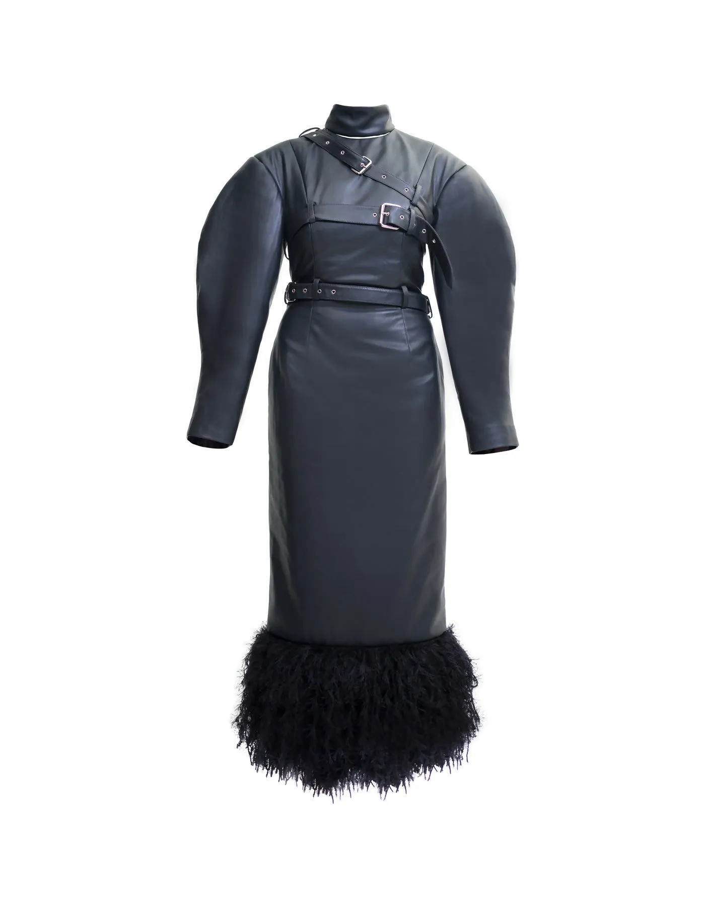 Chic High-Neck Fringed Faux Leather Dress