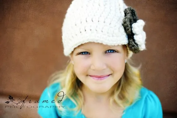Cream & taupe flower beanie winter hat