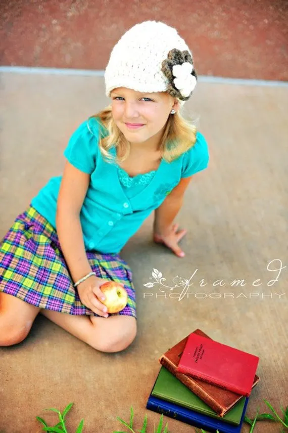 Cream & taupe flower beanie winter hat