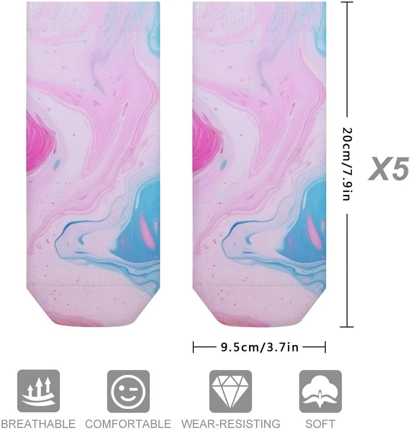 Cushion Ankle Running Socks Colorful Marble Pastel Blue Purple Low Cut Breathable Athletic Socks for Men Women 5 Pairs