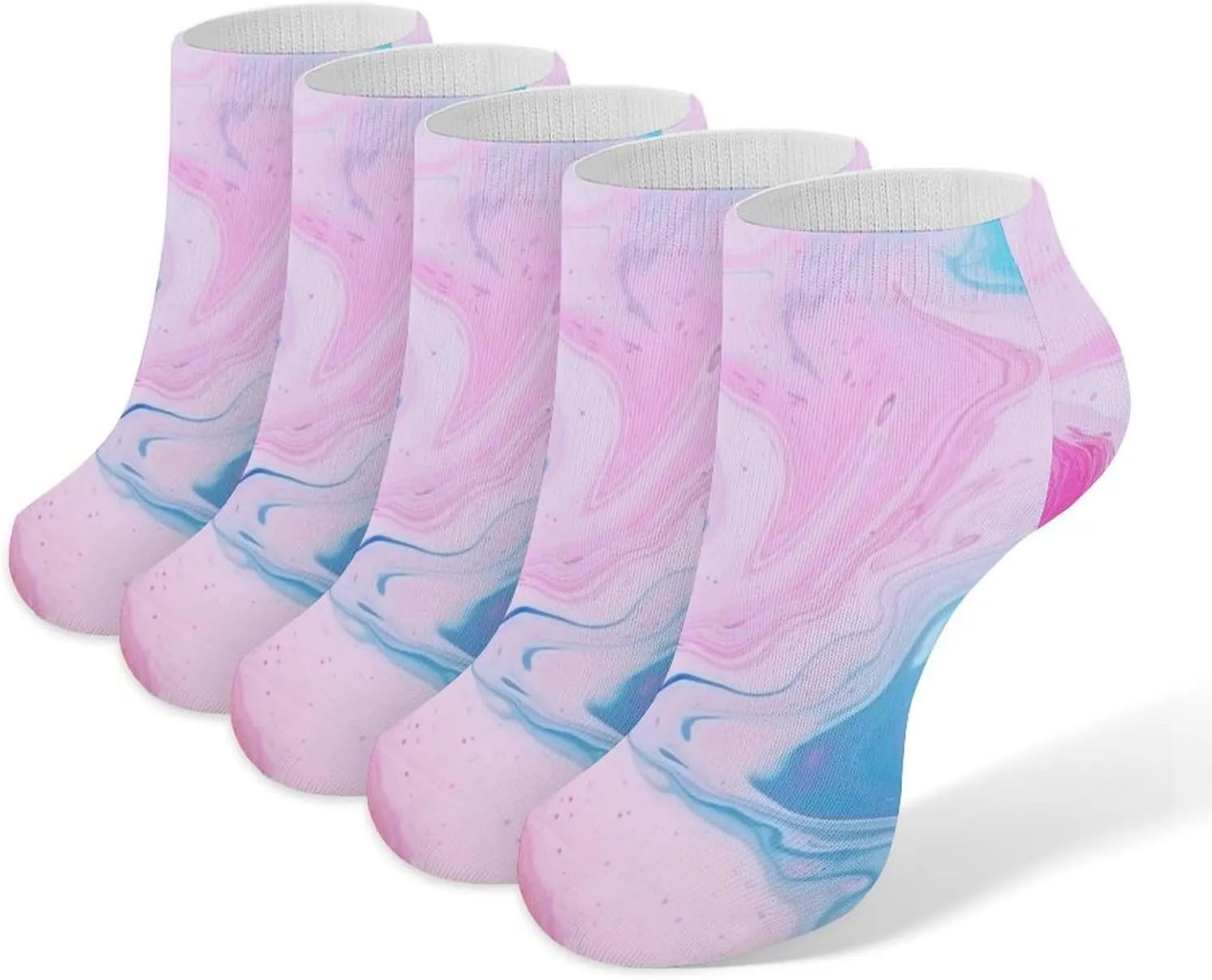 Cushion Ankle Running Socks Colorful Marble Pastel Blue Purple Low Cut Breathable Athletic Socks for Men Women 5 Pairs
