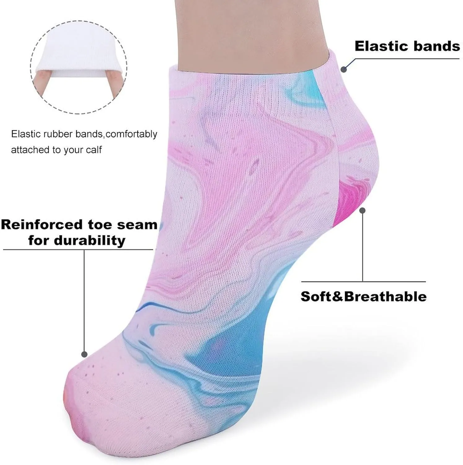 Cushion Ankle Running Socks Colorful Marble Pastel Blue Purple Low Cut Breathable Athletic Socks for Men Women 5 Pairs