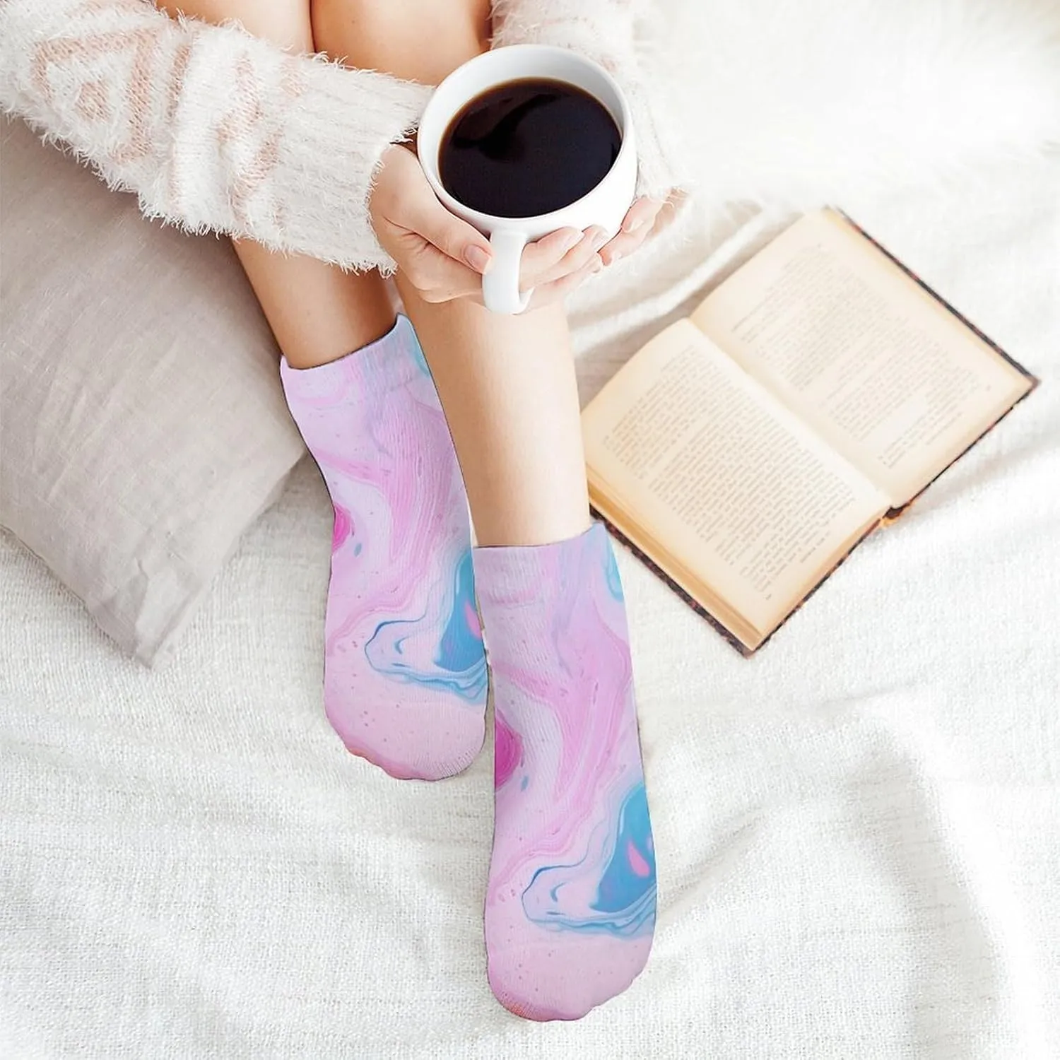 Cushion Ankle Running Socks Colorful Marble Pastel Blue Purple Low Cut Breathable Athletic Socks for Men Women 5 Pairs