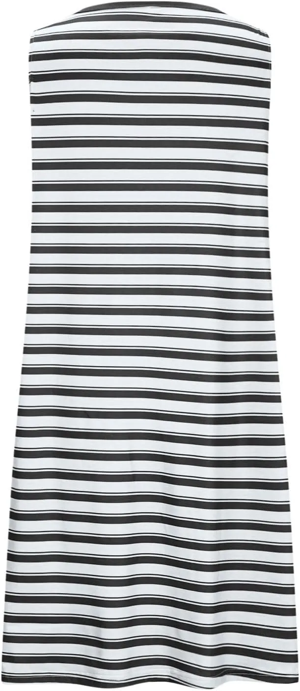 Cute Striped Casual Tank Dress for Women Summer Sleeveless Crewneck Mini Dresses Comfy Tunic Sundress with Pockets