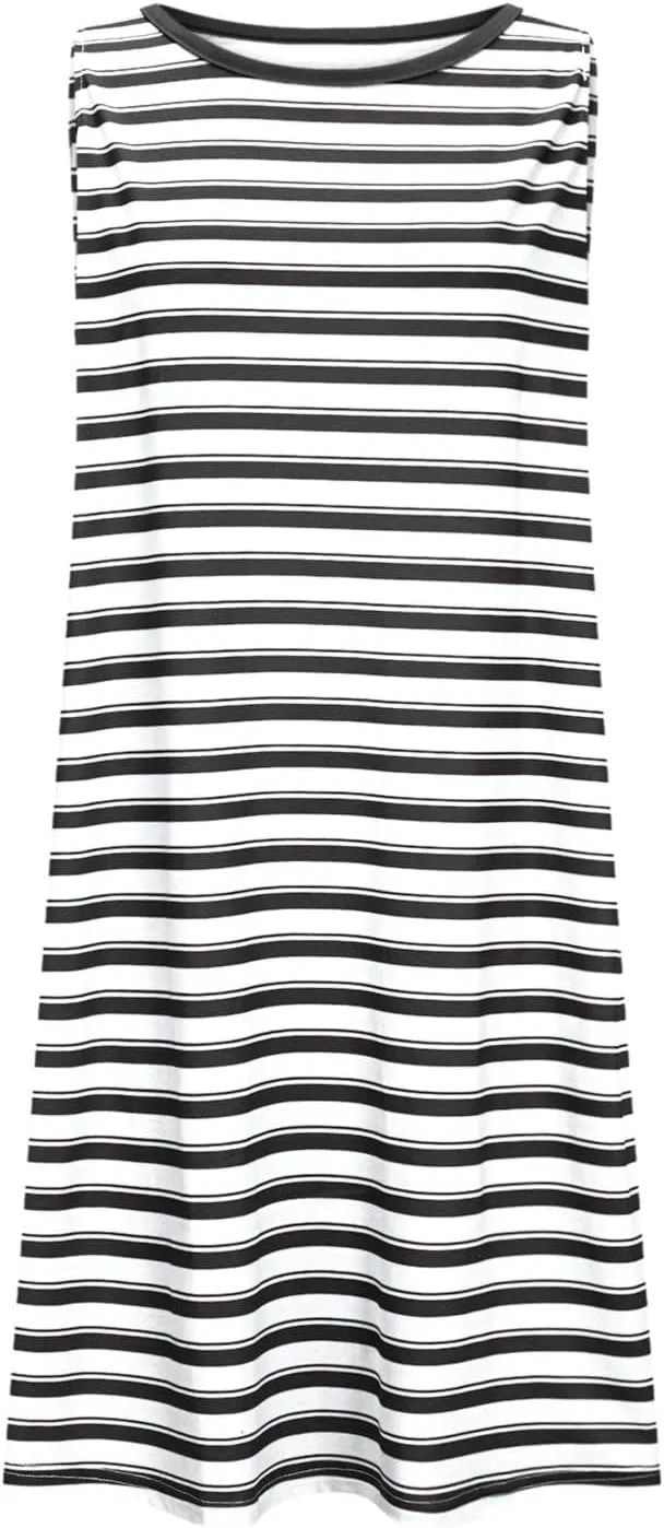 Cute Striped Casual Tank Dress for Women Summer Sleeveless Crewneck Mini Dresses Comfy Tunic Sundress with Pockets