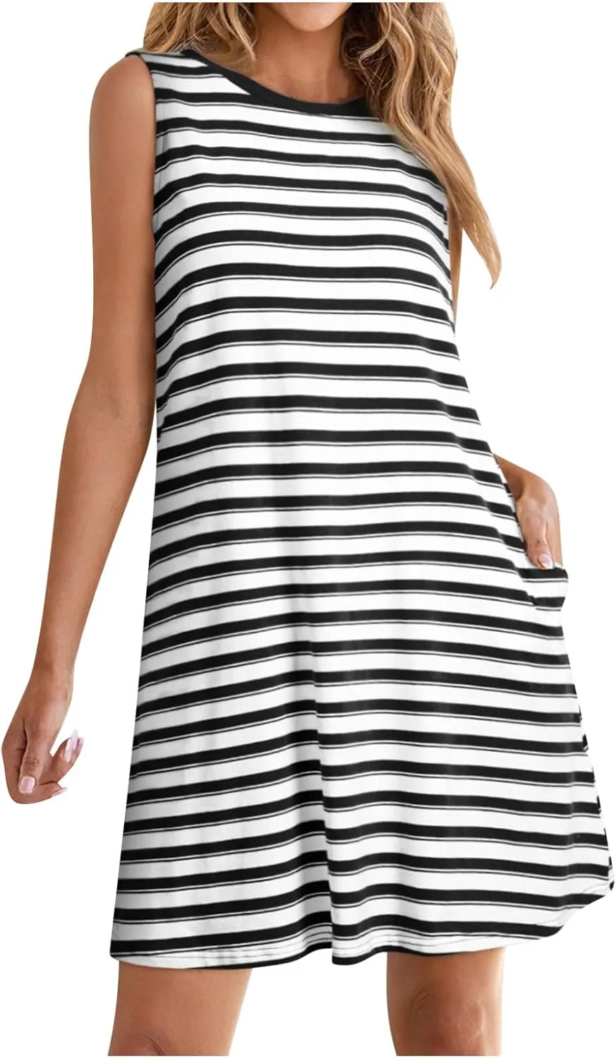 Cute Striped Casual Tank Dress for Women Summer Sleeveless Crewneck Mini Dresses Comfy Tunic Sundress with Pockets