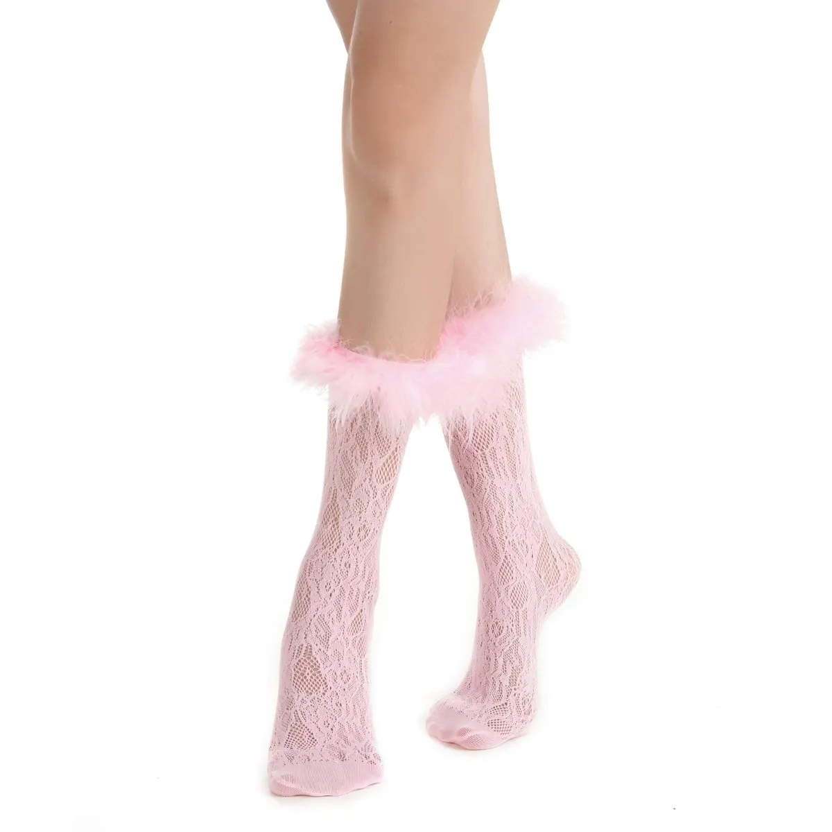Destiny Feather Trim Lace Crew Sock | Pastel Pink