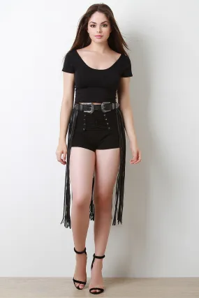 Double Buckle Vegan Leather Fringed Belt