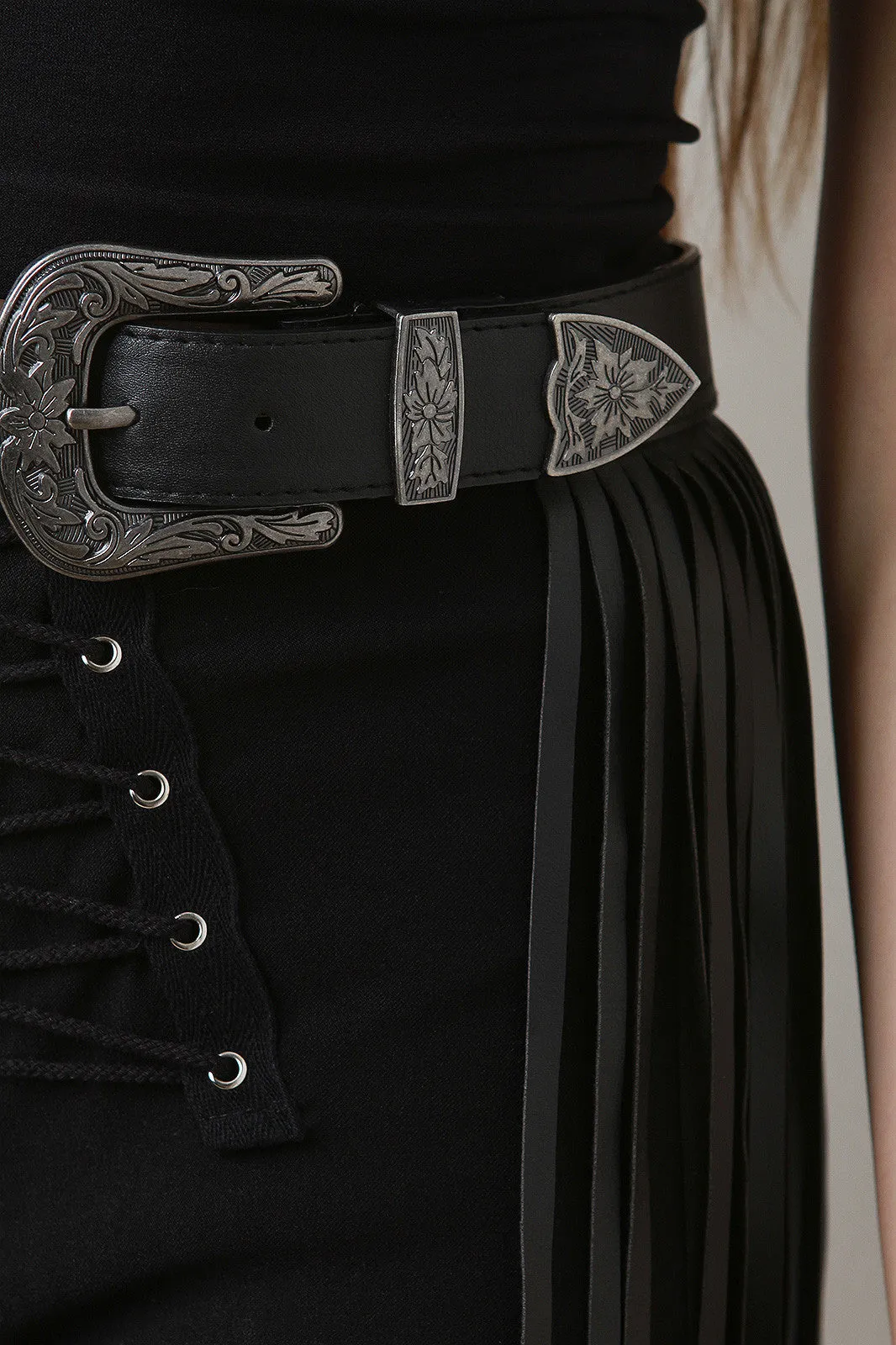 Double Buckle Vegan Leather Fringed Belt