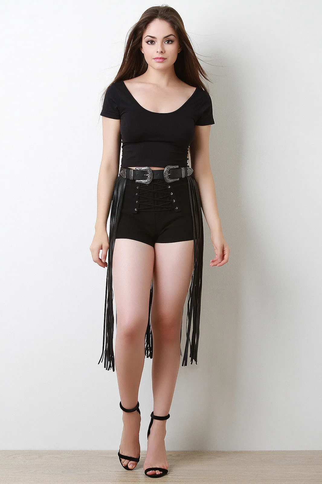 Double Buckle Vegan Leather Fringed Belt