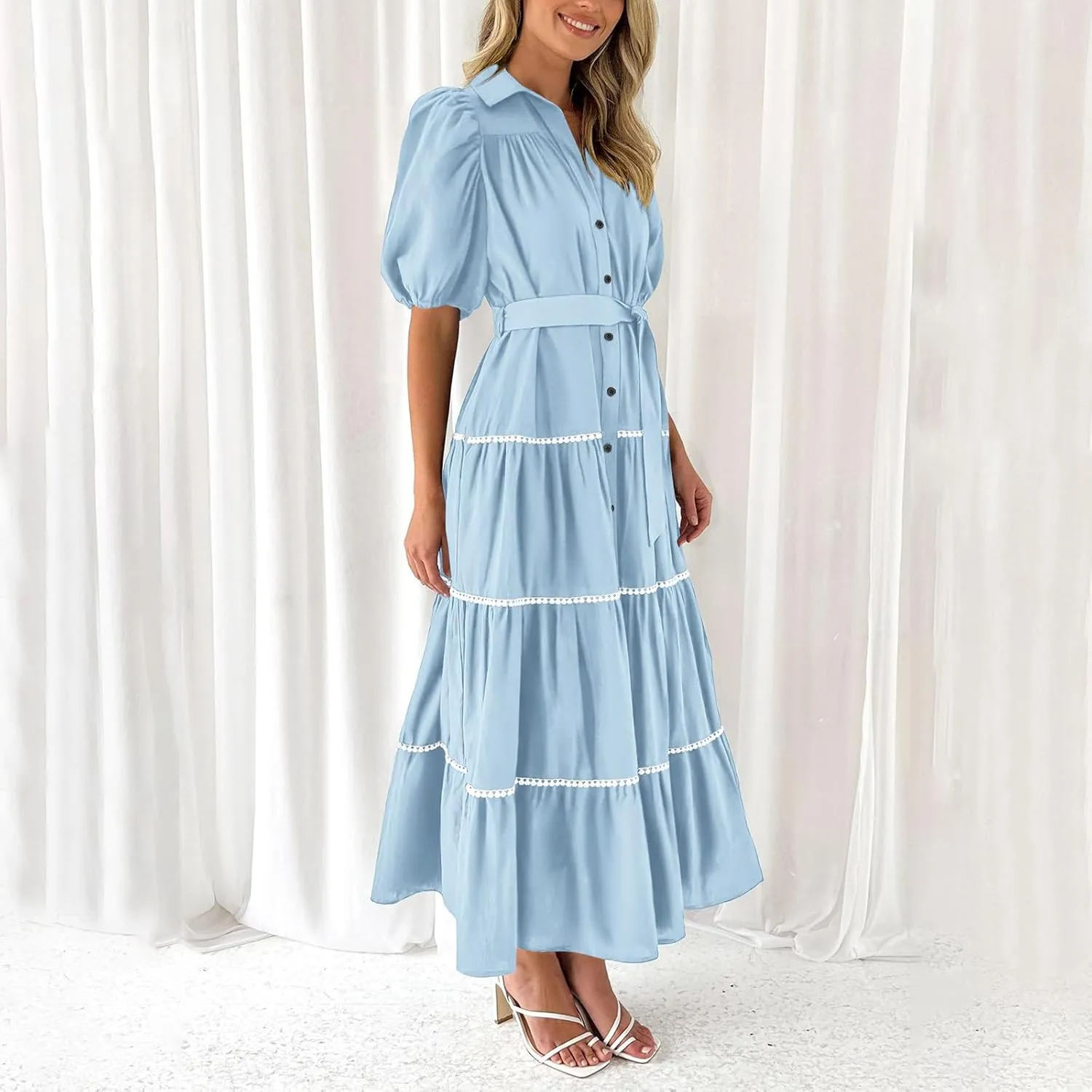 Dresses for Womens 2024 Casual Puff Sleeve V Neck Maxi Beach Dresses Button Down Flowy Summer Trendy Long Shirt Dress