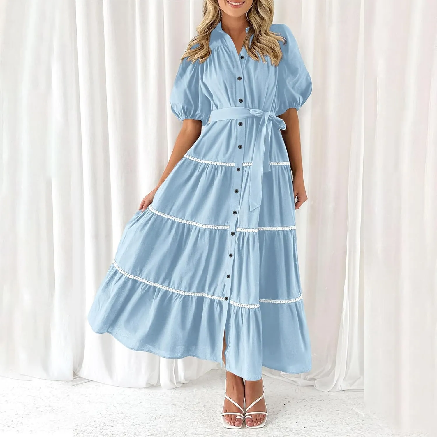 Dresses for Womens 2024 Casual Puff Sleeve V Neck Maxi Beach Dresses Button Down Flowy Summer Trendy Long Shirt Dress