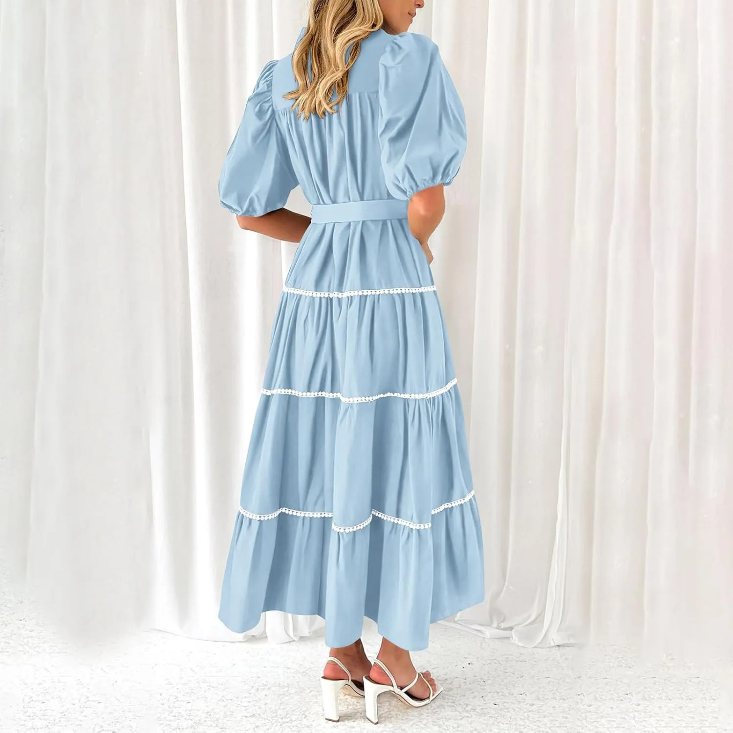 Dresses for Womens 2024 Casual Puff Sleeve V Neck Maxi Beach Dresses Button Down Flowy Summer Trendy Long Shirt Dress