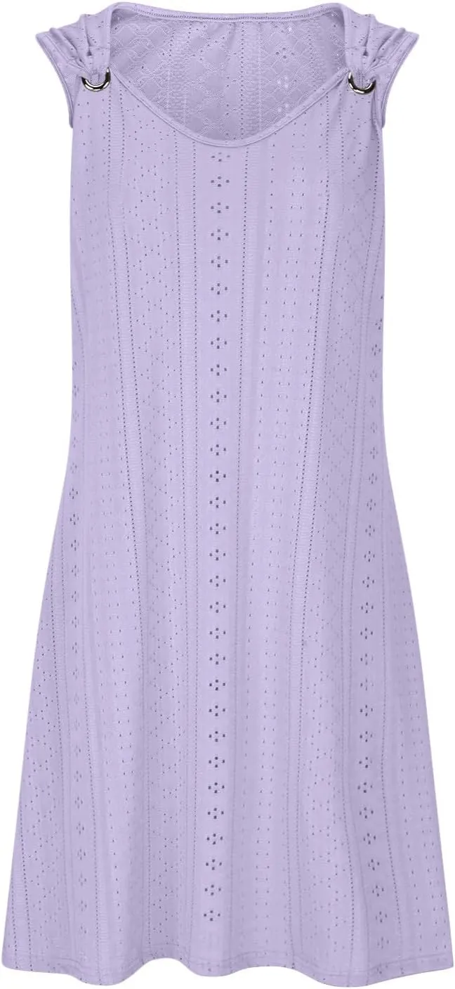 FZYLQY 2024 Dresses for Women Eyelet Short Sleeve V Neck Mini Dress Casual Sleeveless Summer Dress Loose Comfy Beach Dress