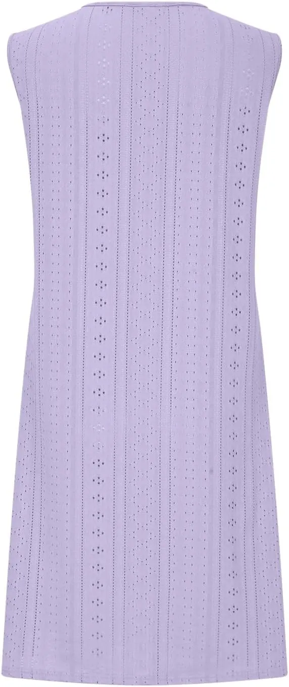FZYLQY 2024 Dresses for Women Eyelet Short Sleeve V Neck Mini Dress Casual Sleeveless Summer Dress Loose Comfy Beach Dress