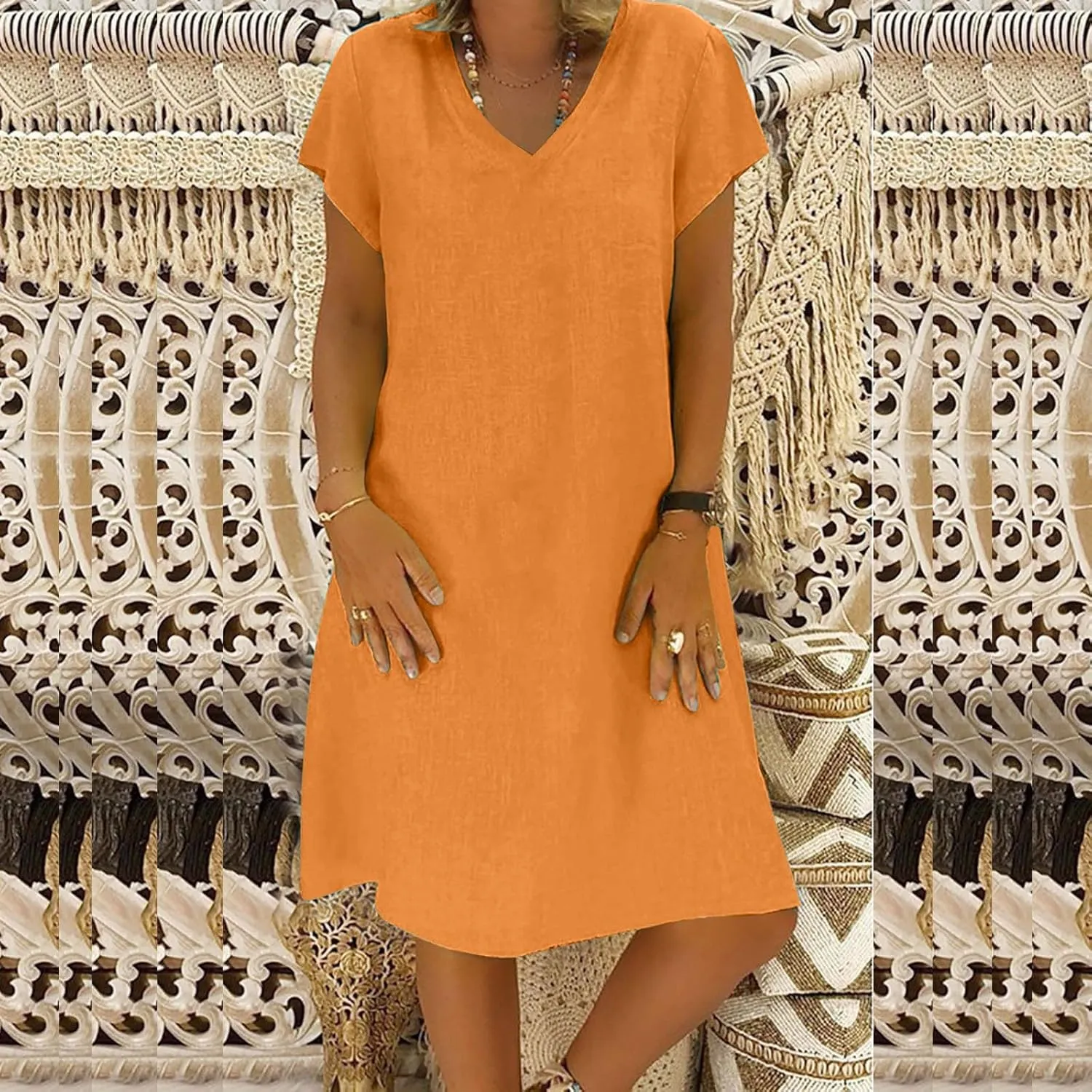 FZYLQY Cotton Linen Dress for Women Summer Dresses 2024 Lightweight Short Sleeve Tunic Casual Loose Comfy Plus Size Sundress
