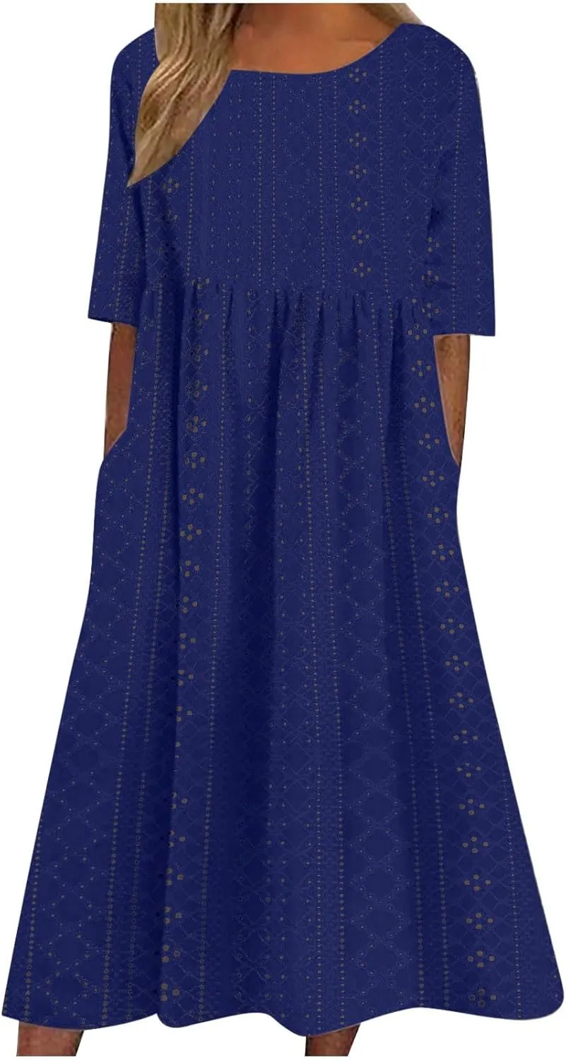 FZYLQY Eyelet Dresses for Womens 2024 Summer Casual Sundresses Sexy Hollow V Neck Dress Flowy Boho Beach Dresses with Pockets