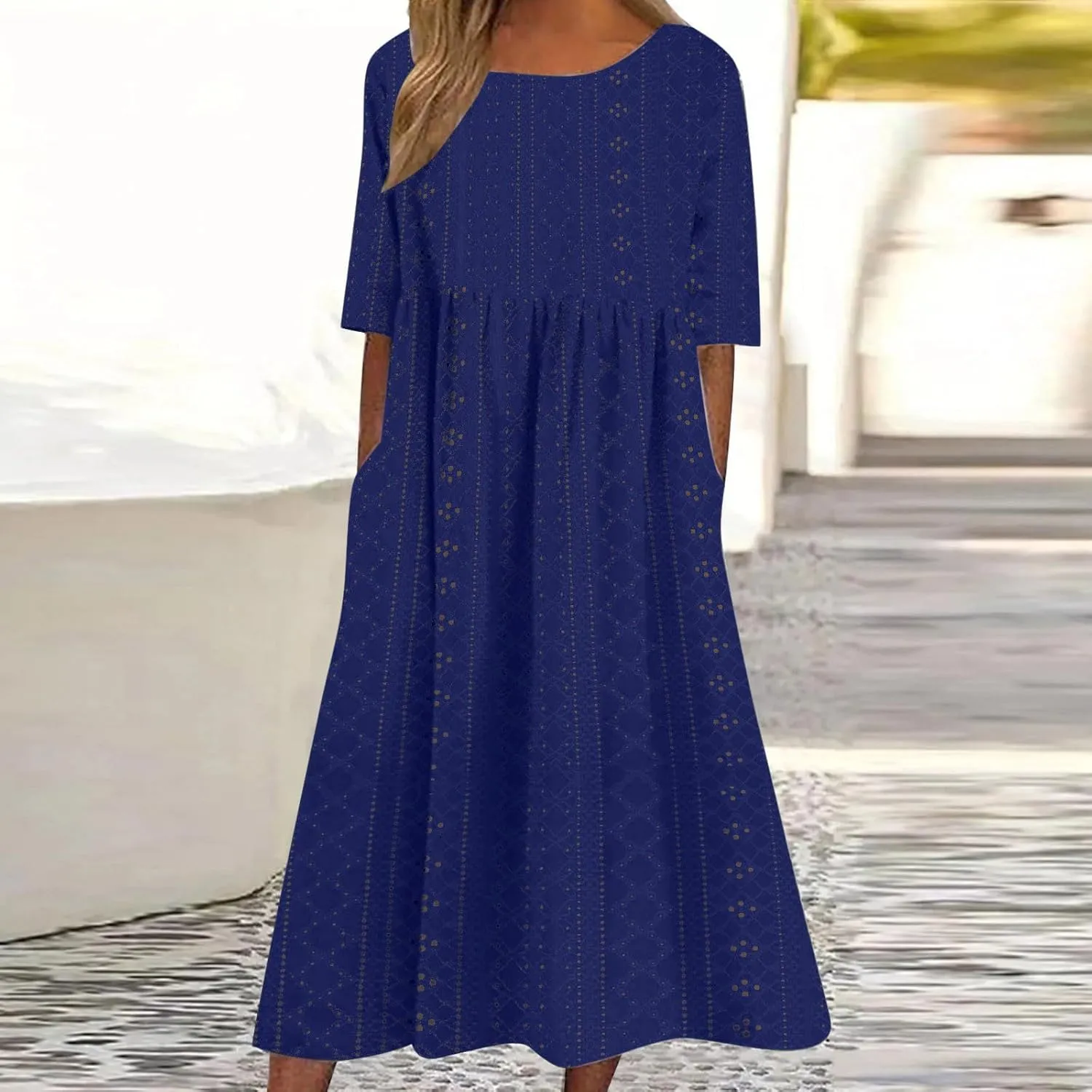 FZYLQY Eyelet Dresses for Womens 2024 Summer Casual Sundresses Sexy Hollow V Neck Dress Flowy Boho Beach Dresses with Pockets