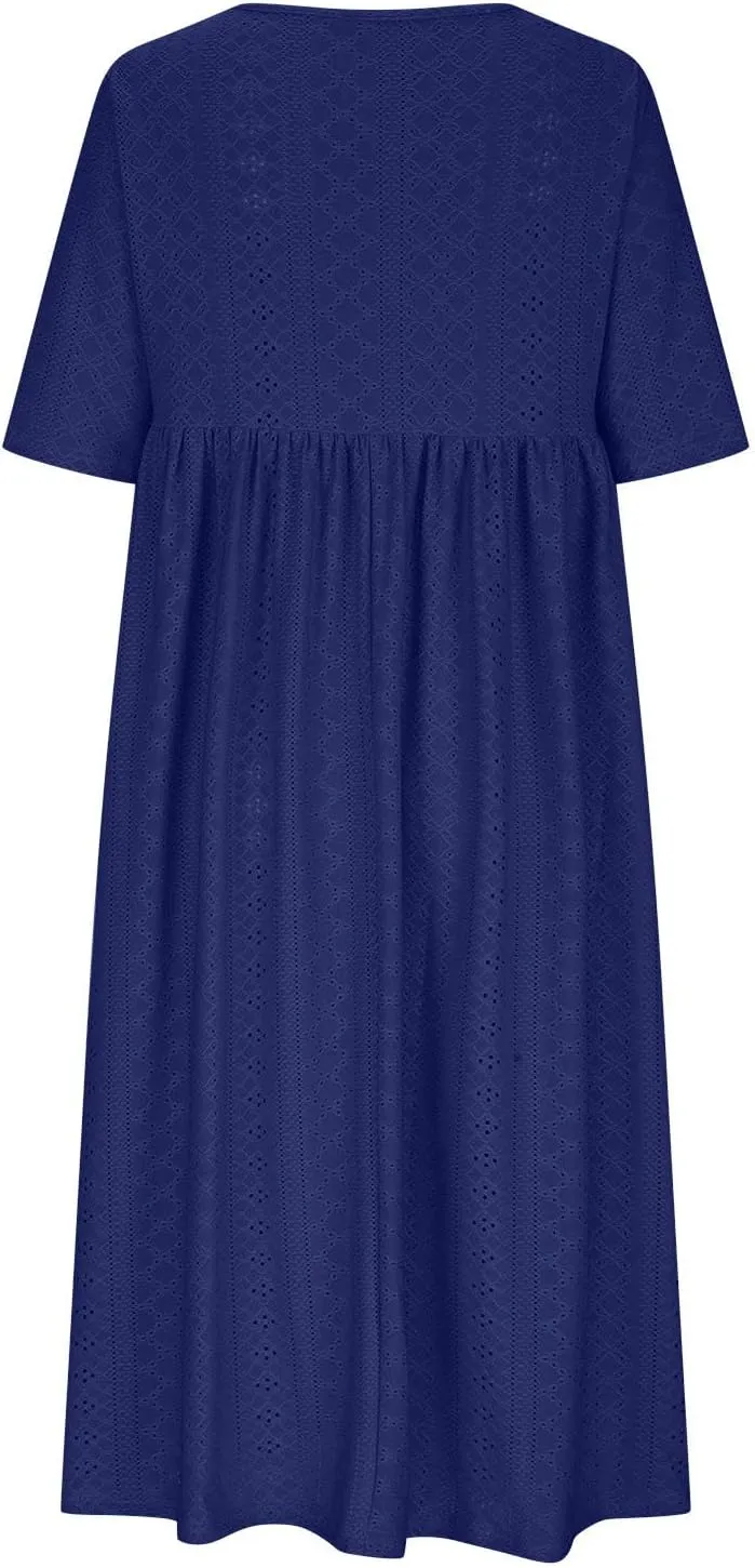 FZYLQY Eyelet Dresses for Womens 2024 Summer Casual Sundresses Sexy Hollow V Neck Dress Flowy Boho Beach Dresses with Pockets