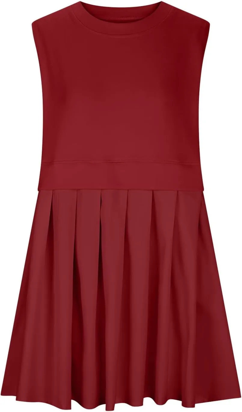 FZYLQY Sleeveless Dresses for Womens Casual Summer Pleated Tank Dress Ruffle Flowy Mini Dress Solid Crewneck Pleated Dress