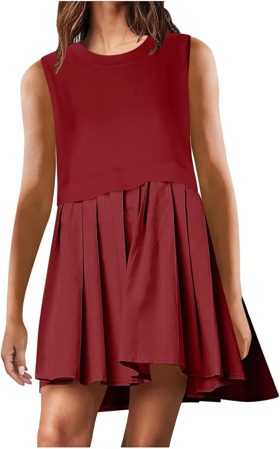 FZYLQY Sleeveless Dresses for Womens Casual Summer Pleated Tank Dress Ruffle Flowy Mini Dress Solid Crewneck Pleated Dress