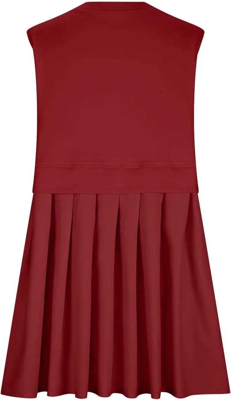 FZYLQY Sleeveless Dresses for Womens Casual Summer Pleated Tank Dress Ruffle Flowy Mini Dress Solid Crewneck Pleated Dress