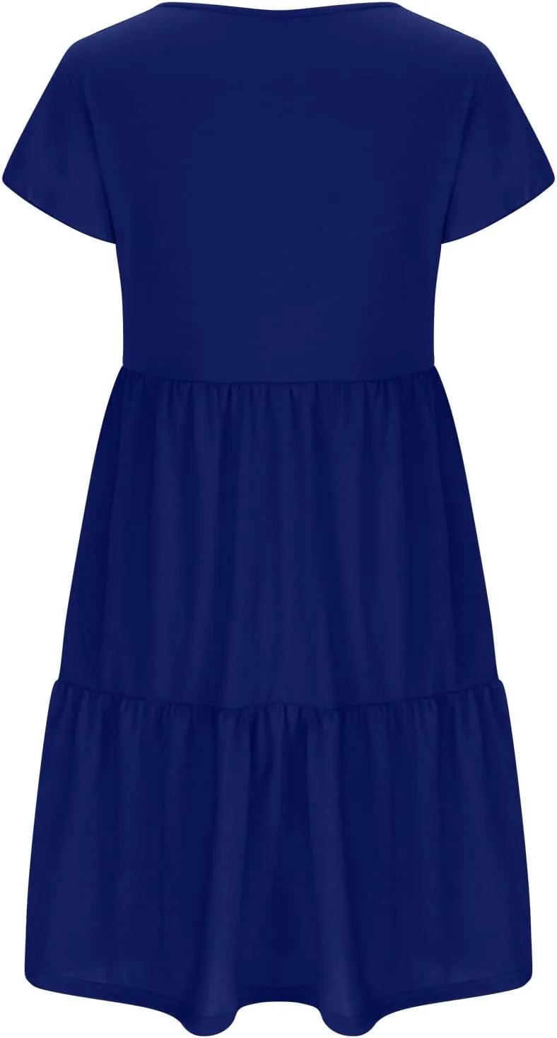 FZYLQY Womens 2024 Summer Casual Dresses Short Sleeve Ruffle V Neck Beach Mini Dress Smocked High Waist Short Sundresses