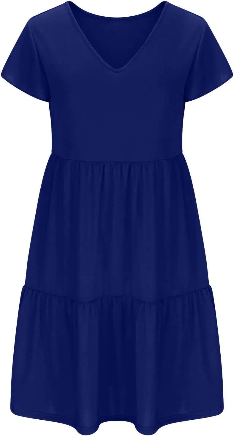 FZYLQY Womens 2024 Summer Casual Dresses Short Sleeve Ruffle V Neck Beach Mini Dress Smocked High Waist Short Sundresses