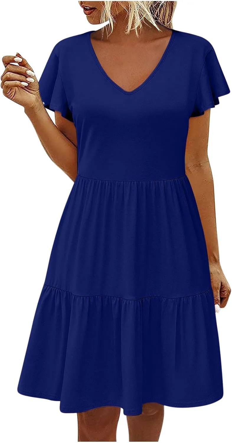 FZYLQY Womens 2024 Summer Casual Dresses Short Sleeve Ruffle V Neck Beach Mini Dress Smocked High Waist Short Sundresses