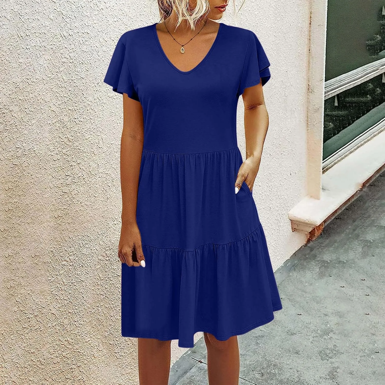 FZYLQY Womens 2024 Summer Casual Dresses Short Sleeve Ruffle V Neck Beach Mini Dress Smocked High Waist Short Sundresses